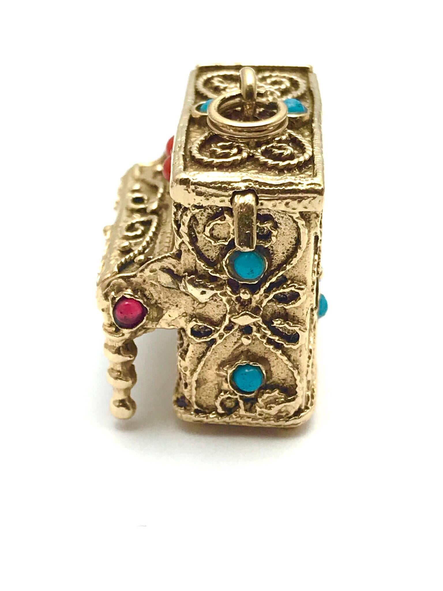 Women's or Men's  Coral and Turquoise Yellow Gold Musical Piano Charm