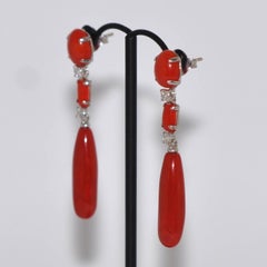 Coral and White Diamonds 0.28 Carat on White Gold 18 Karat Chandelier Earrings