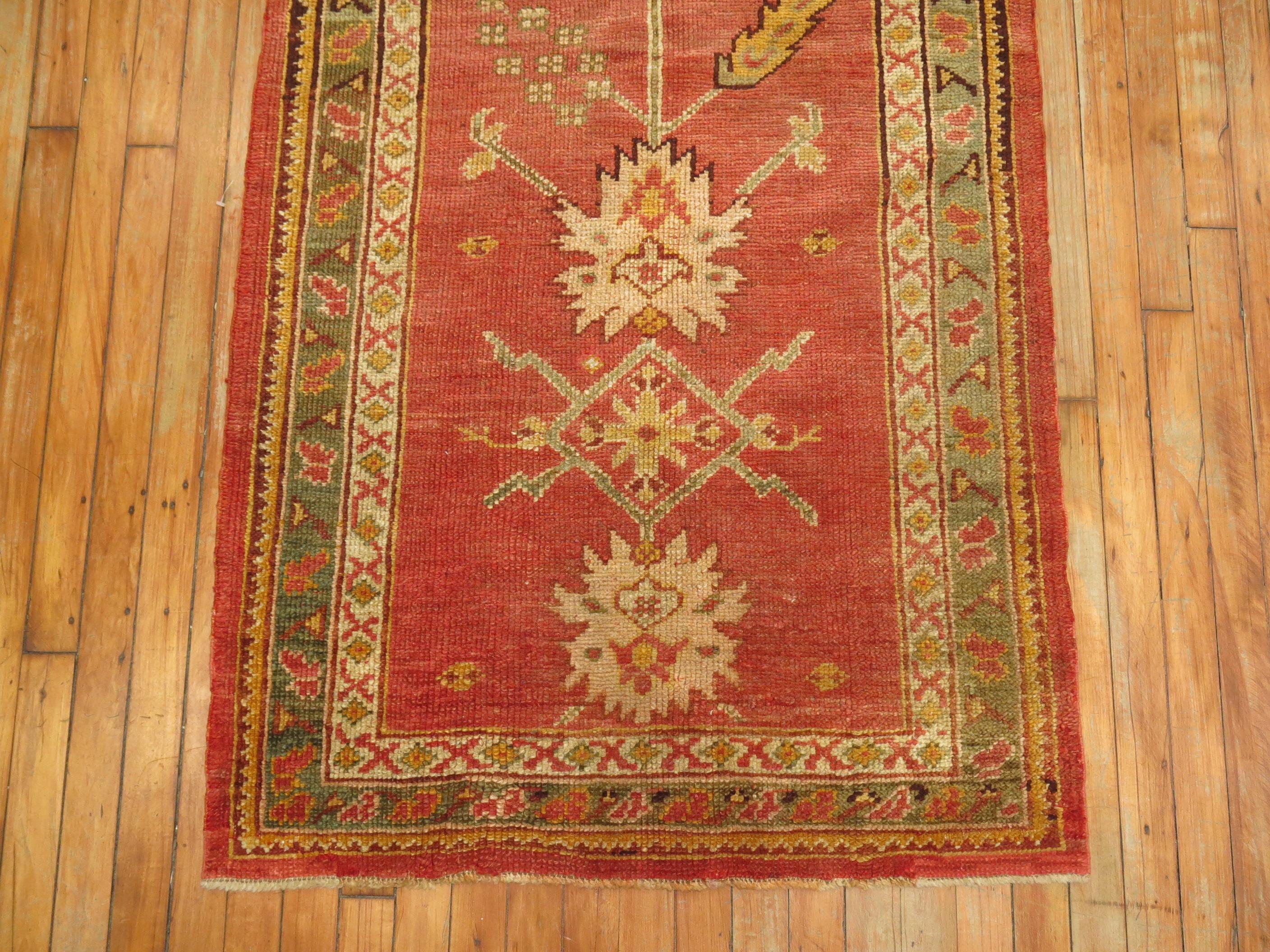 Hand-Knotted Coral Antique Oushak Runner