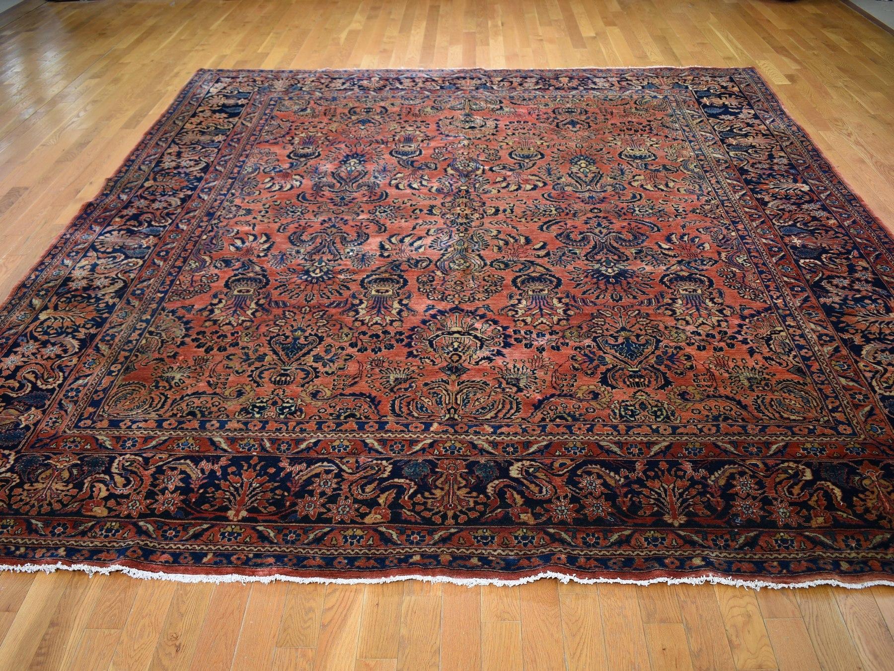 Medieval Coral Antique Persian Sarouk Squarish Hand Knotted oriental Rug, 10'4