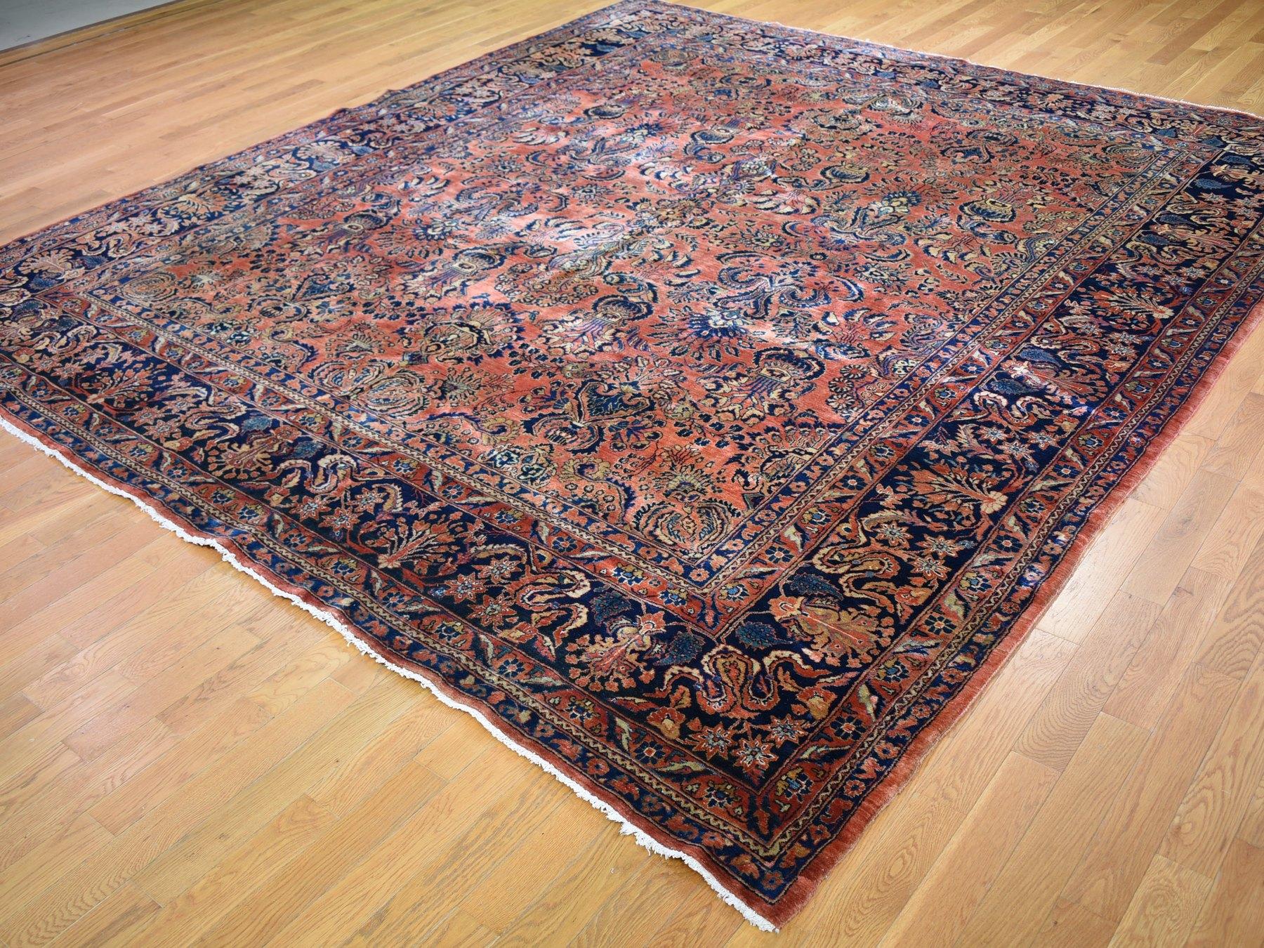 Hand-Knotted Coral Antique Persian Sarouk Squarish Hand Knotted oriental Rug, 10'4