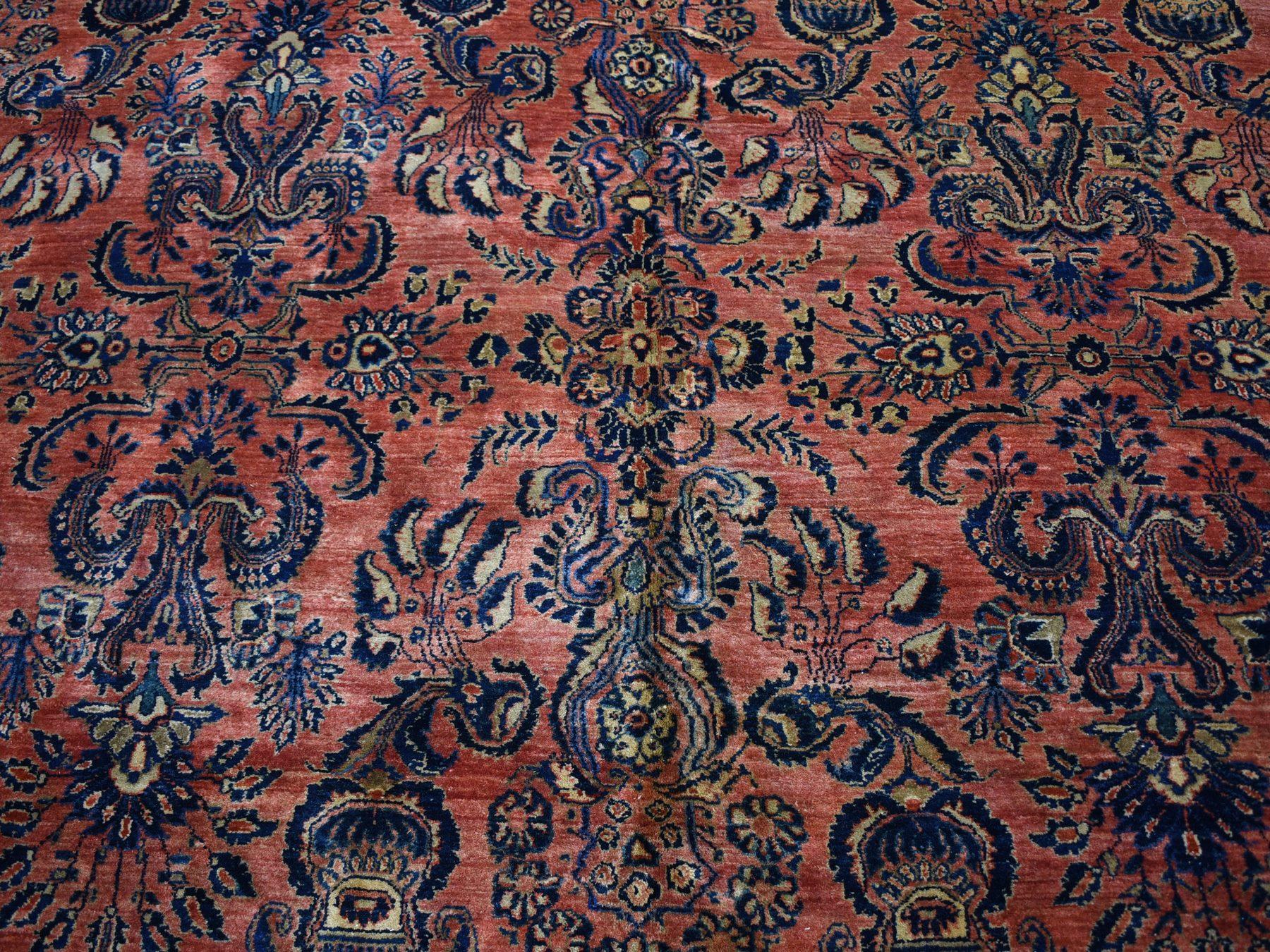 Coral Antique Persian Sarouk Squarish Hand Knotted oriental Rug, 10'4