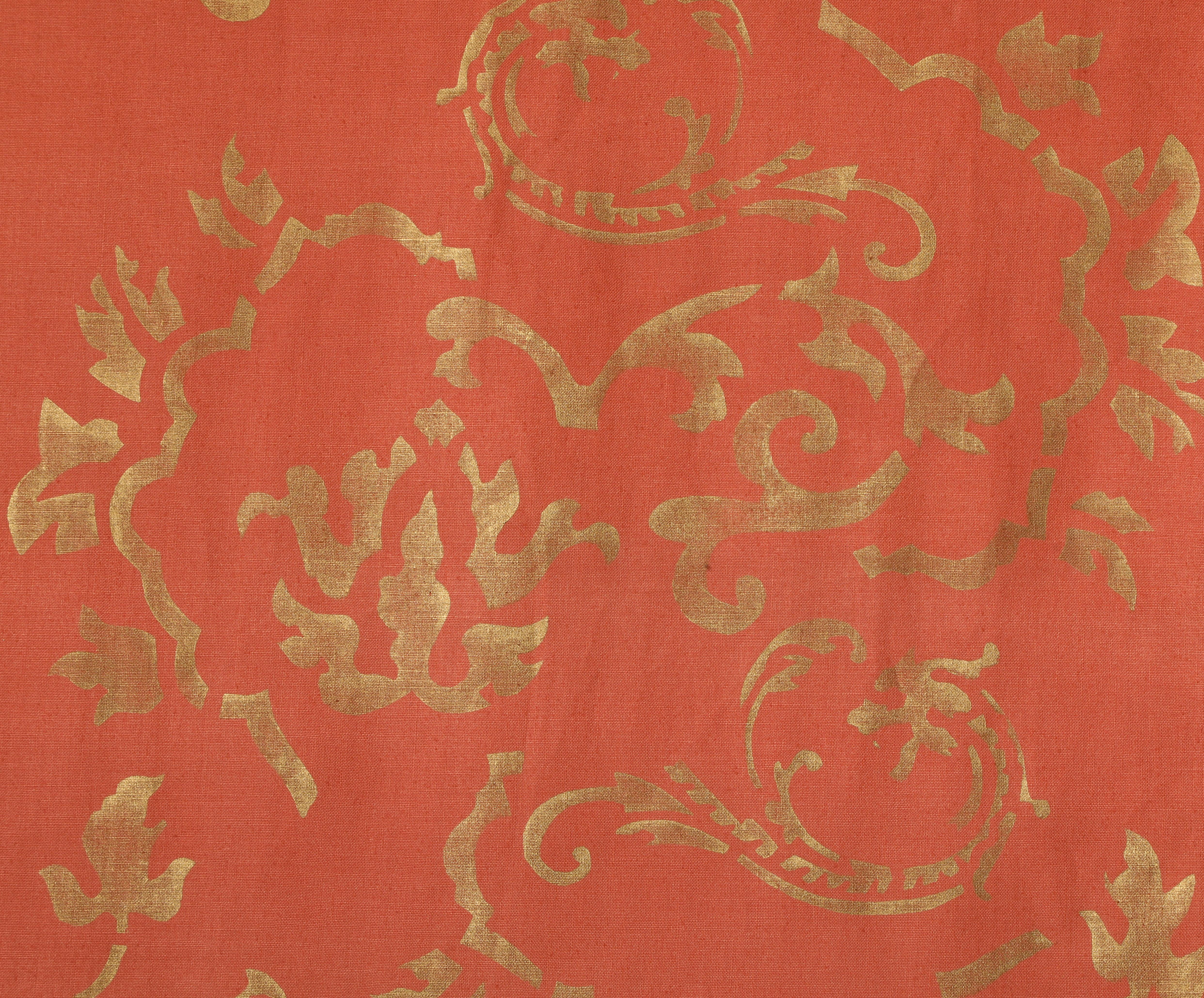 American Coral Art Fabric with Gold Hand Painted Brocade Design For Sale