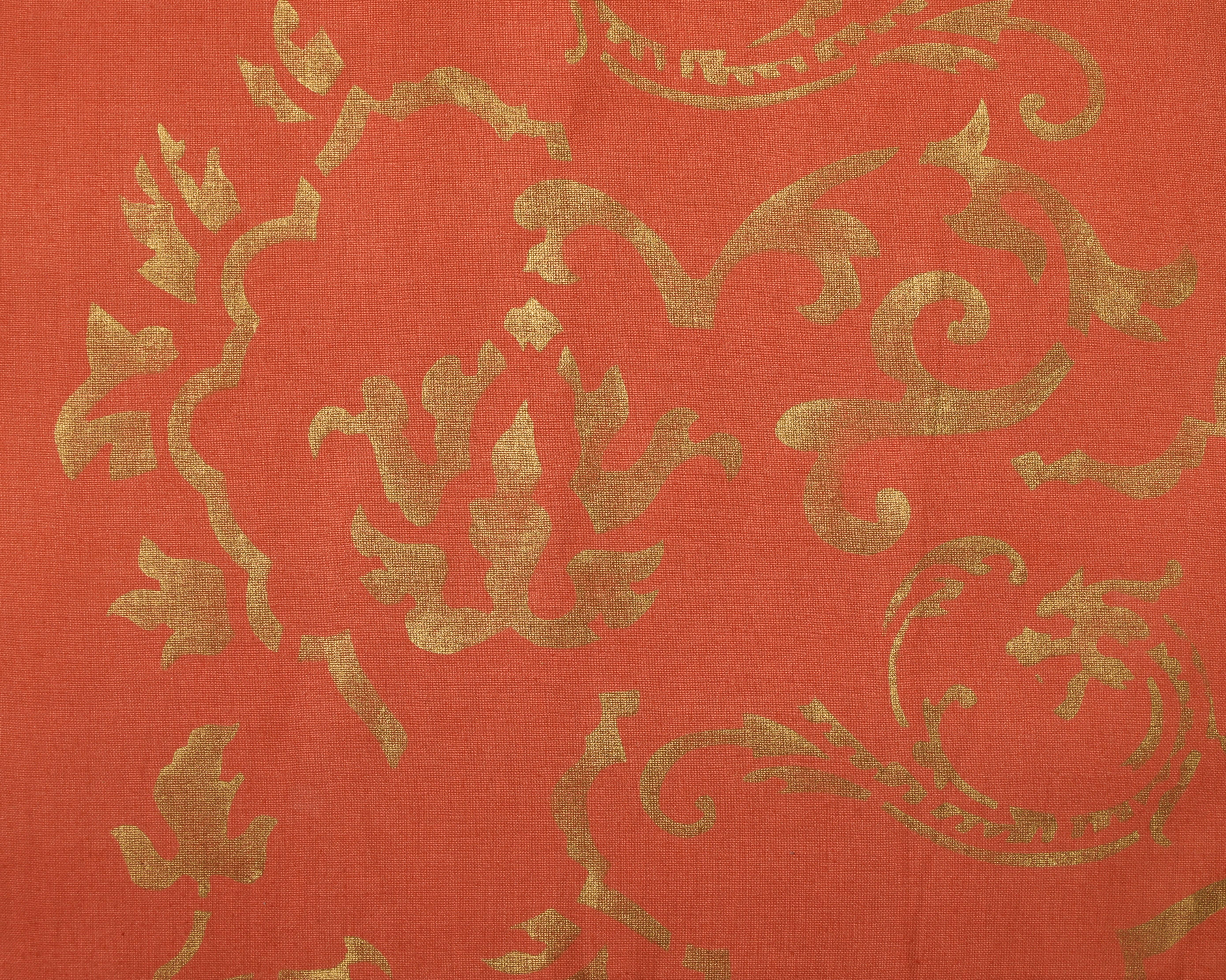 Hand-Crafted Coral Art Fabric with Gold Hand Painted Brocade Design For Sale