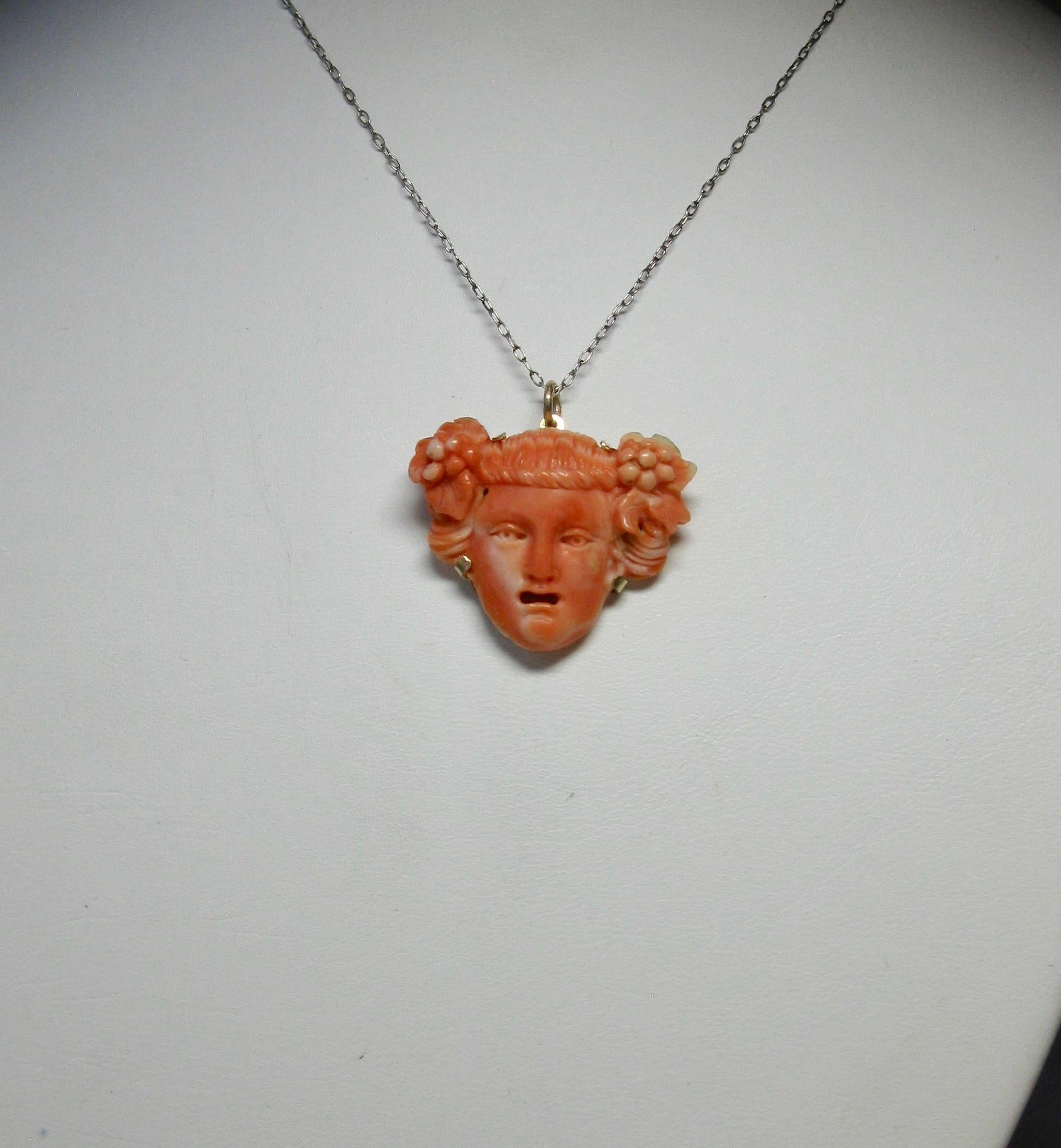 Coral Bacchus Dionysus Pendant Victorian 14 Karat Gold Hand Carved In Good Condition In New York, NY