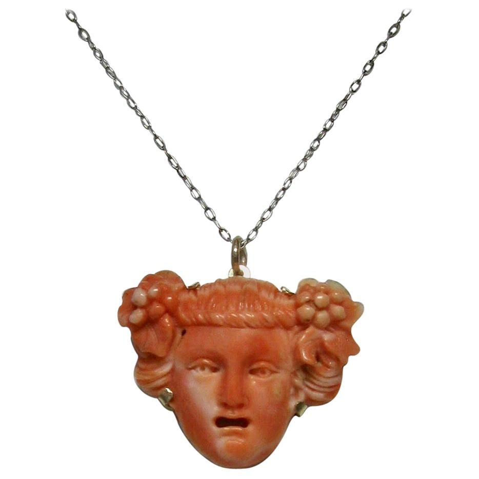 Coral Bacchus Dionysus Pendant Victorian 14 Karat Gold Hand Carved