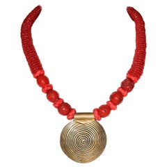 Vintage Coral Bead and Brass Pendant Necklace, Circa 1970s 
