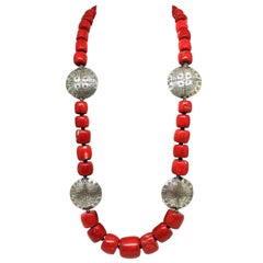 Vintage Coral Bead and Sterling Necklace, Artisan Made