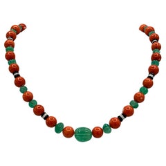 Coral Bead, Carved Columbian Emerald, Diamond Necklace in 18k White Gold