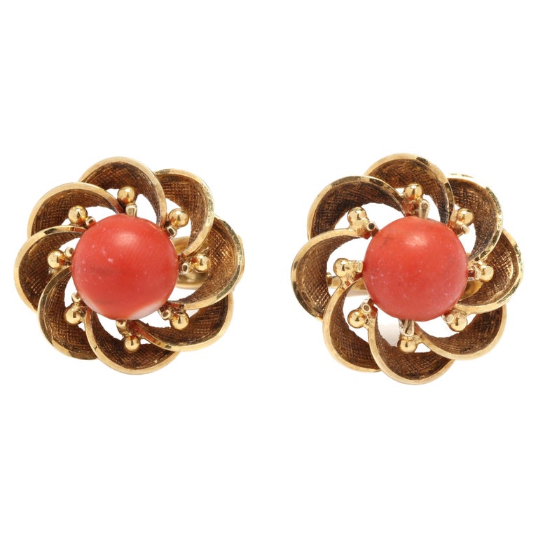 Coral Bead Flower Earrings, 18KT Yellow Gold For Sale at 1stDibs