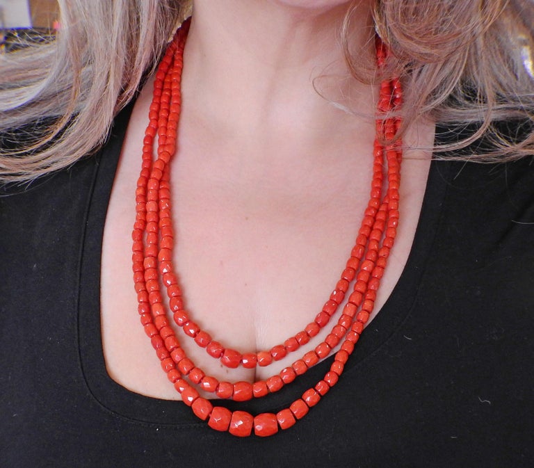 Women's Coral Bead Gold Multi Strand Necklace For Sale
