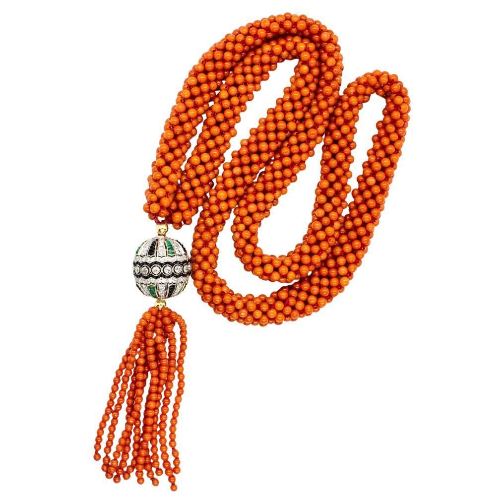 Coral Bead Necklace with Diamond, Emerald & Onyx Accents