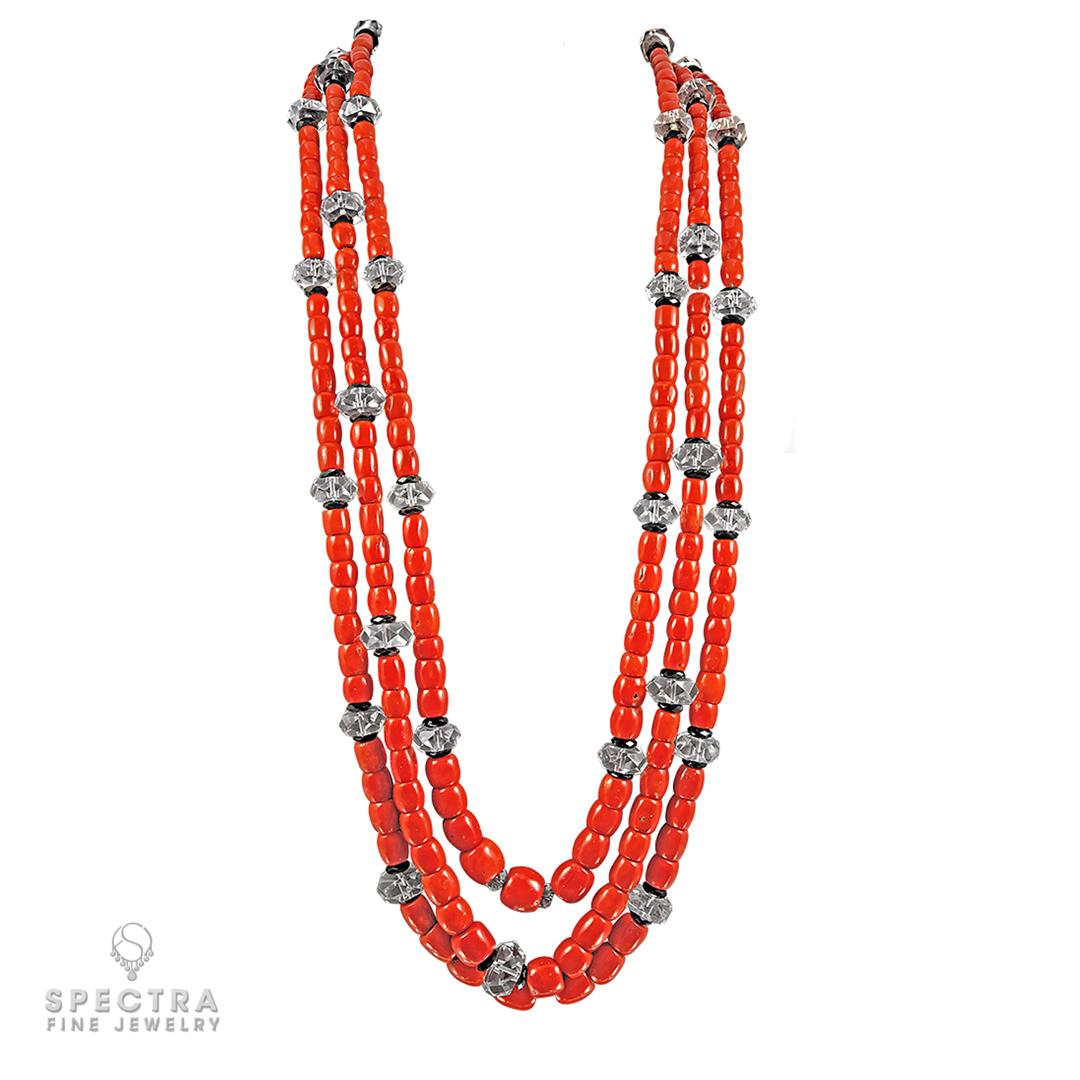 Contemporary Coral Bead Rock Crystal Ultra-Long Necklace For Sale
