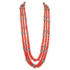 Used Coral Bead Rock Crystal Ultra-Long Necklace