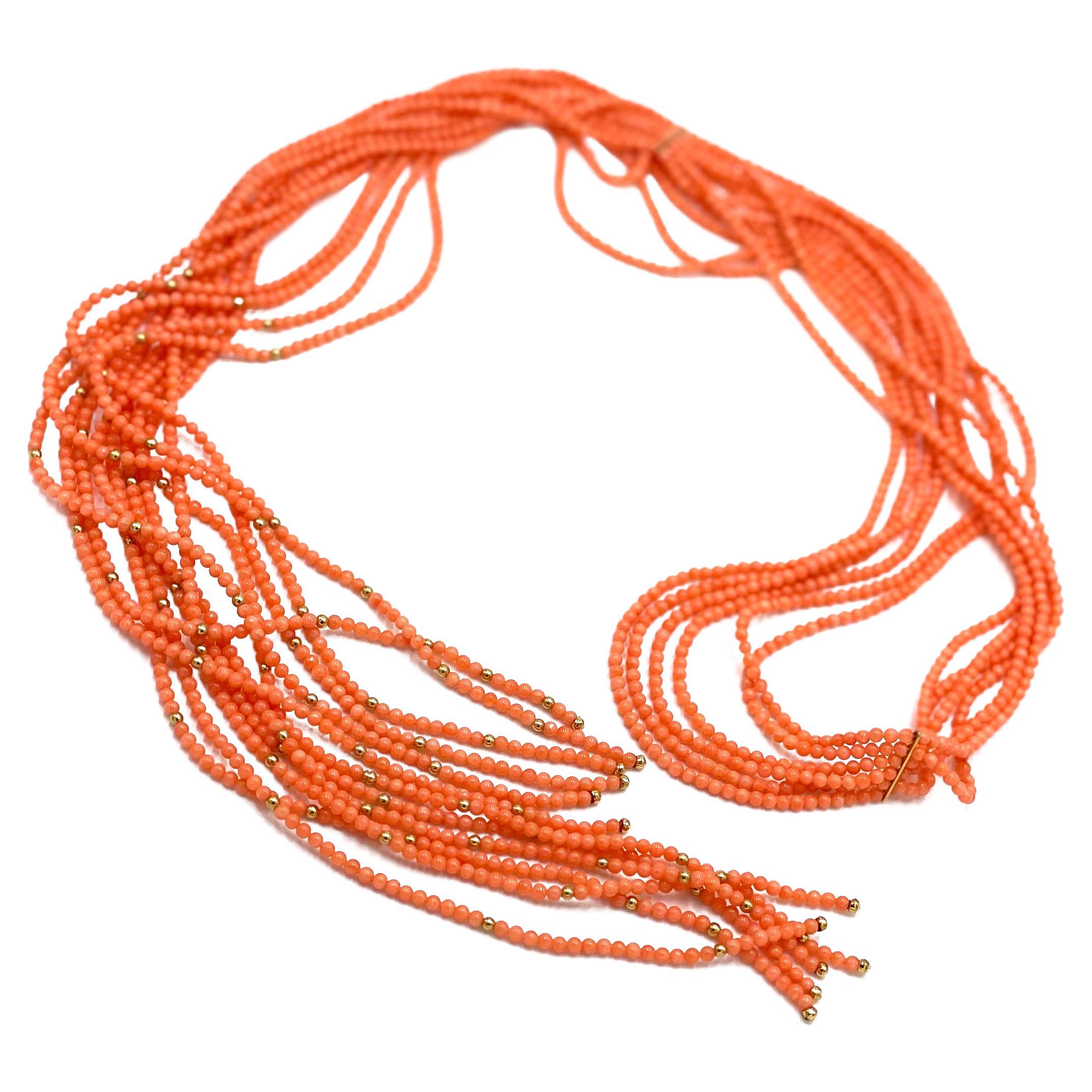 Perle Collier écharpe en perles de corail avec perles en or jaune 18 carats en vente
