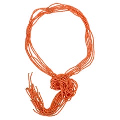 Retro Coral Bead Scarf Necklace with 18K Yellow Gold Beads