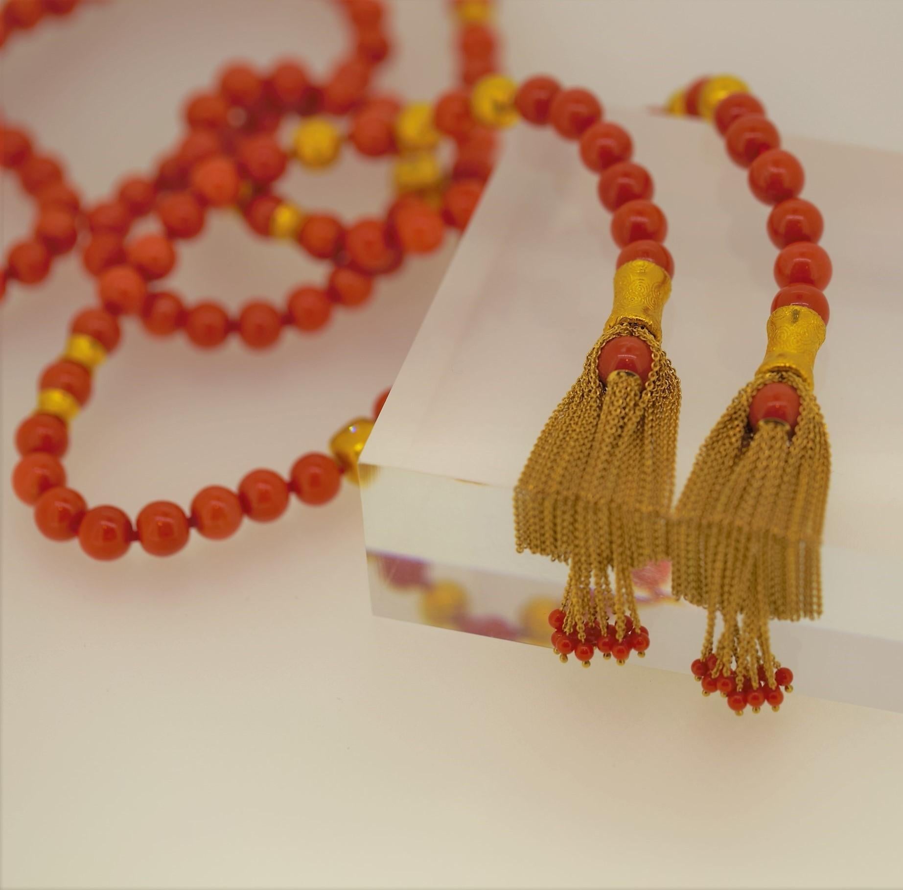 Modern Coral Bead Tassel Necklace in Yellow Gold