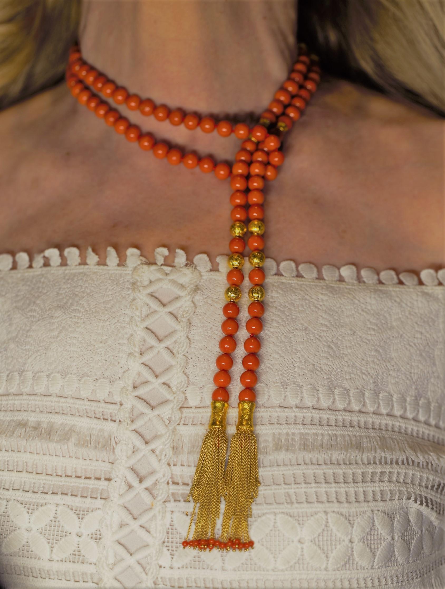 Round Cut Coral Bead Tassel Necklace in Yellow Gold