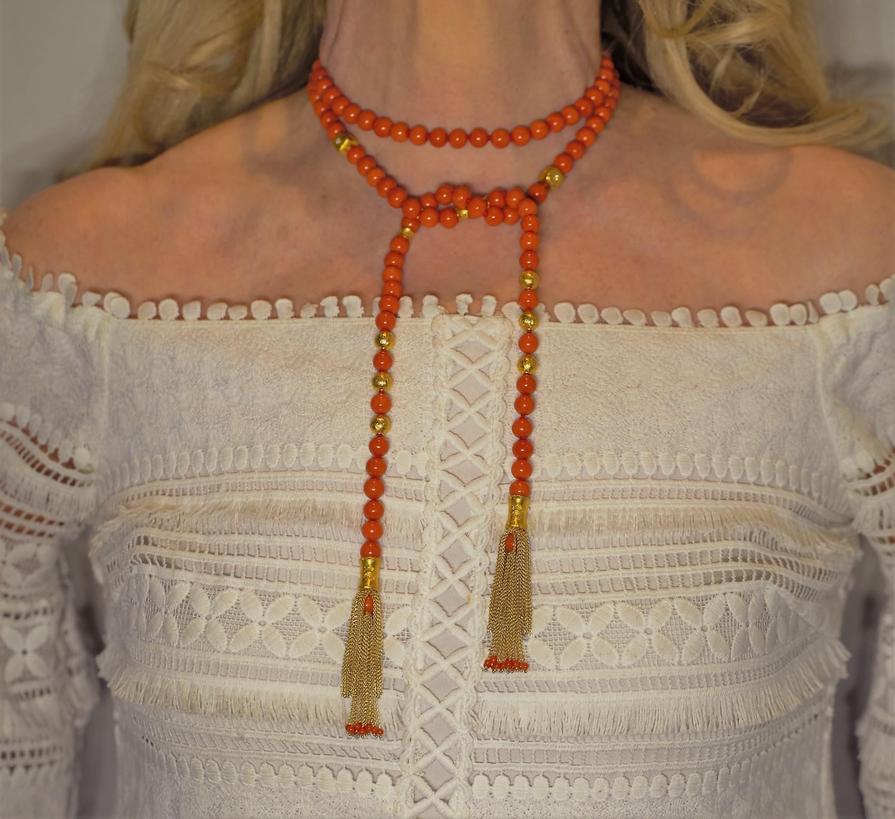 Women's Coral Bead Tassel Necklace in Yellow Gold