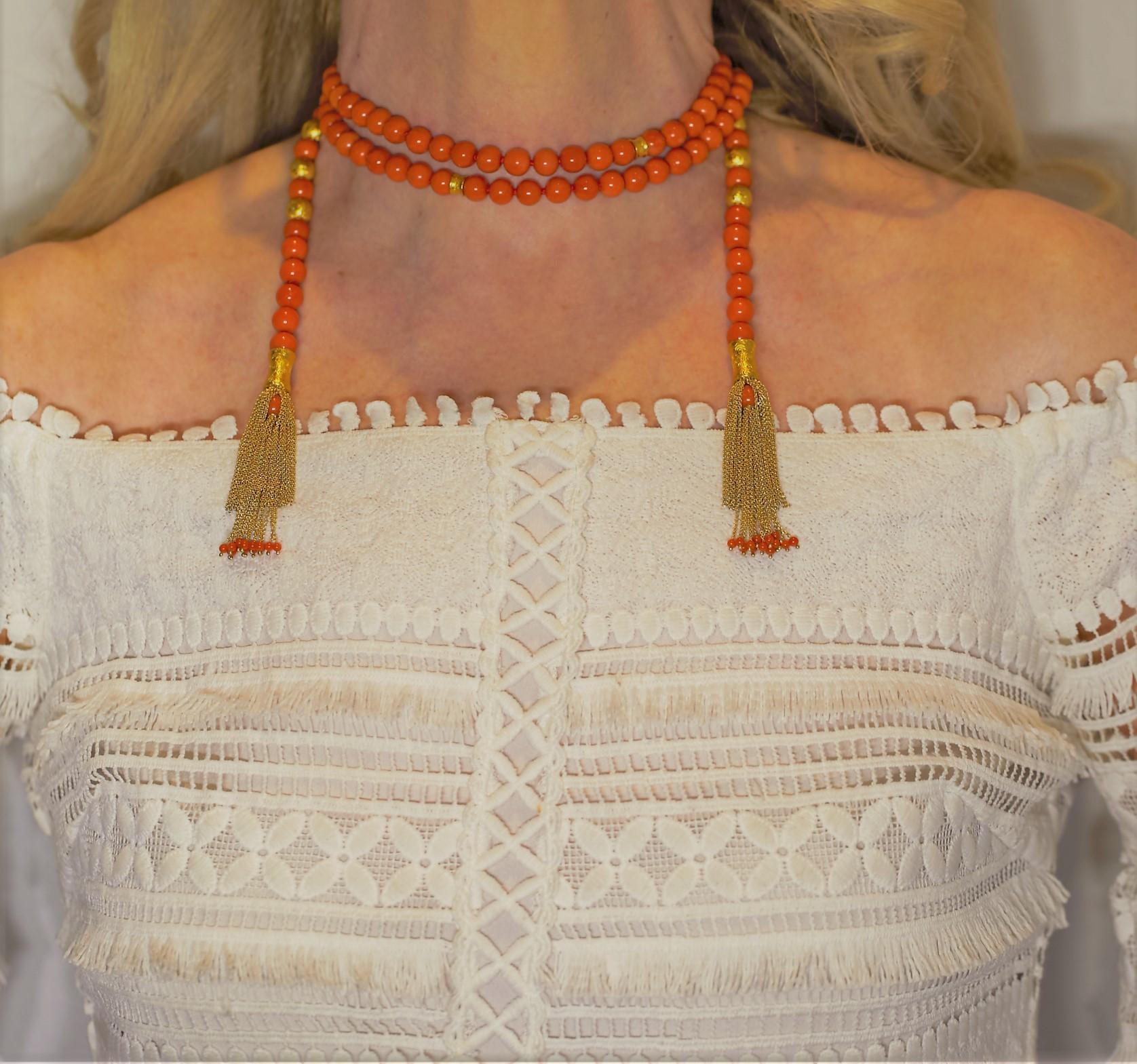 Coral Bead Tassel Necklace in Yellow Gold 1
