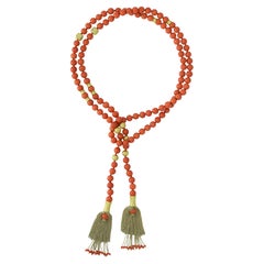 Coral Bead Tassel Necklace in Yellow Gold