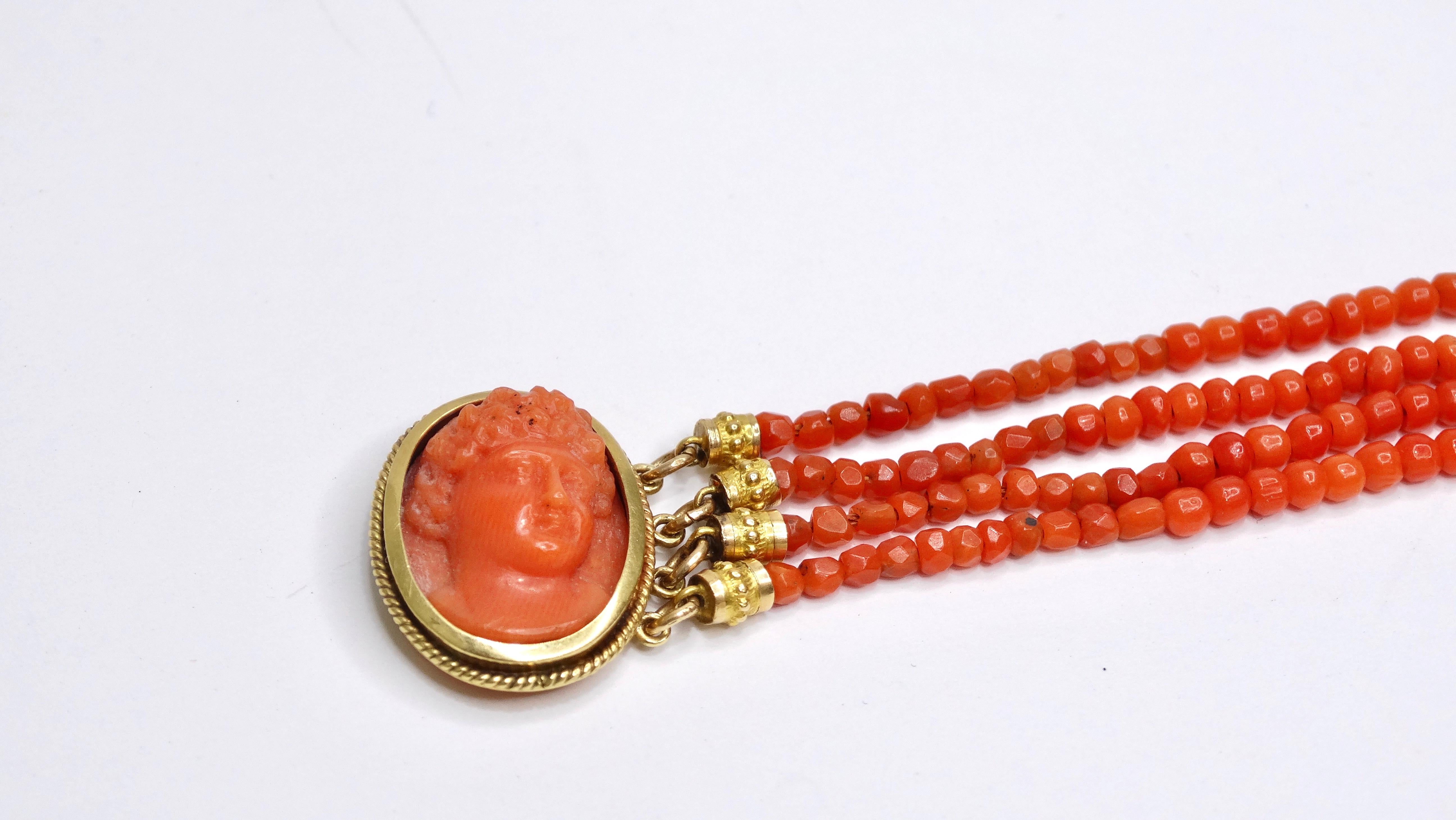 Coral Beaded Cameo Vintage Bracelet In Excellent Condition For Sale In Scottsdale, AZ