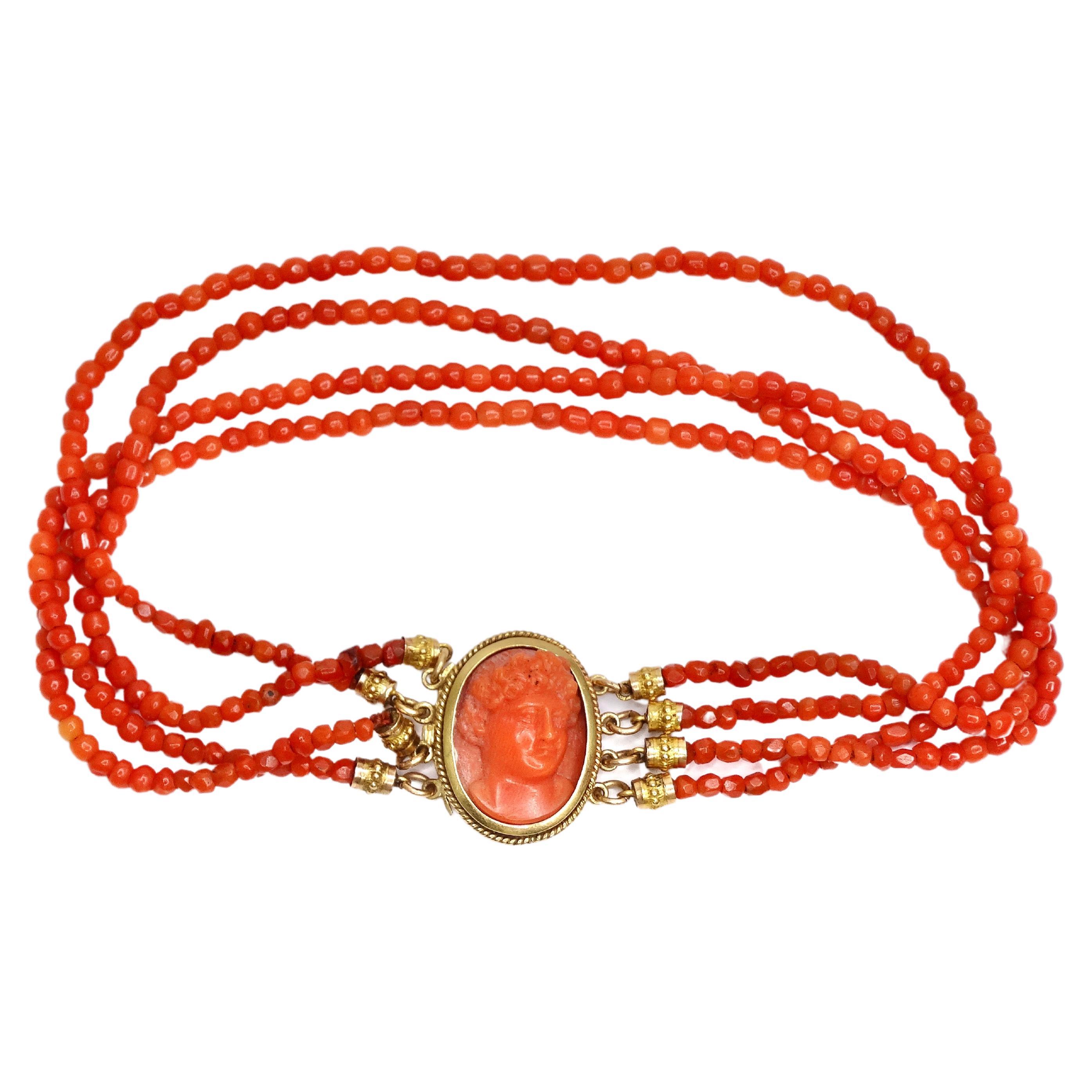 Coral Beaded Cameo Vintage Bracelet For Sale