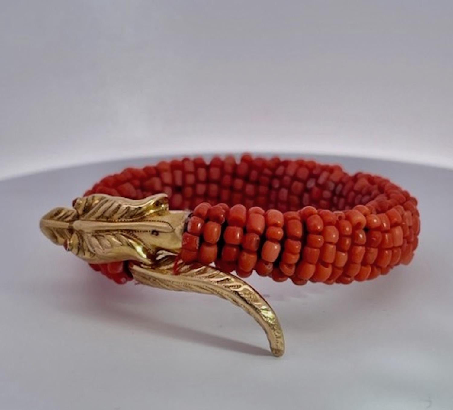 Round Cut Coral Beaded Snake Bracelet 9K