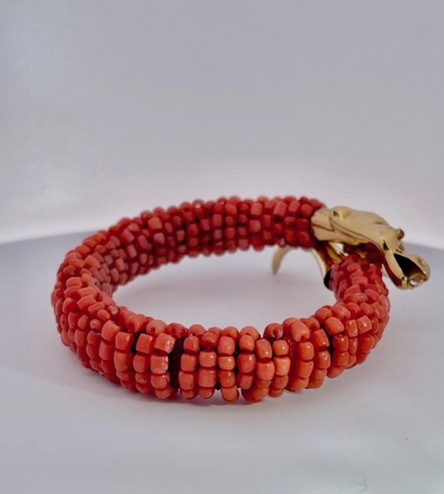 Women's or Men's Coral Beaded Snake Bracelet 9K