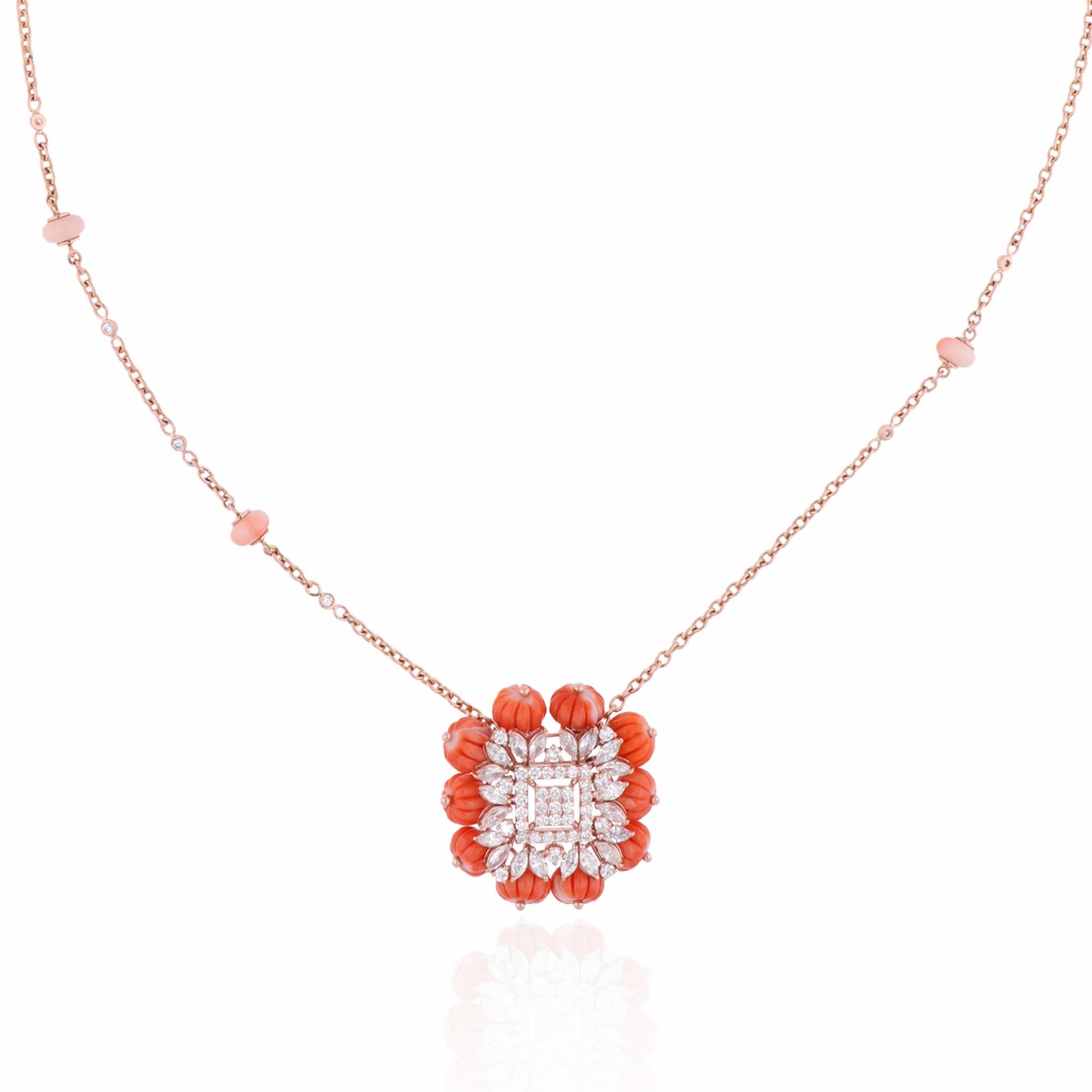 Item Code :- SEPD-3783A
Gross Wt. :- 20.96 gm
18k Rose Gold Wt. :- 17.60 gm
Natural Diamond Wt. :- 2.96 Ct. ( AVERAGE DIAMOND CLARITY SI1-SI2 & COLOR H-I )
Coral Beads Wt. :- 13.84 Ct.
Necklace Length :- 16 Inches Long

✦
