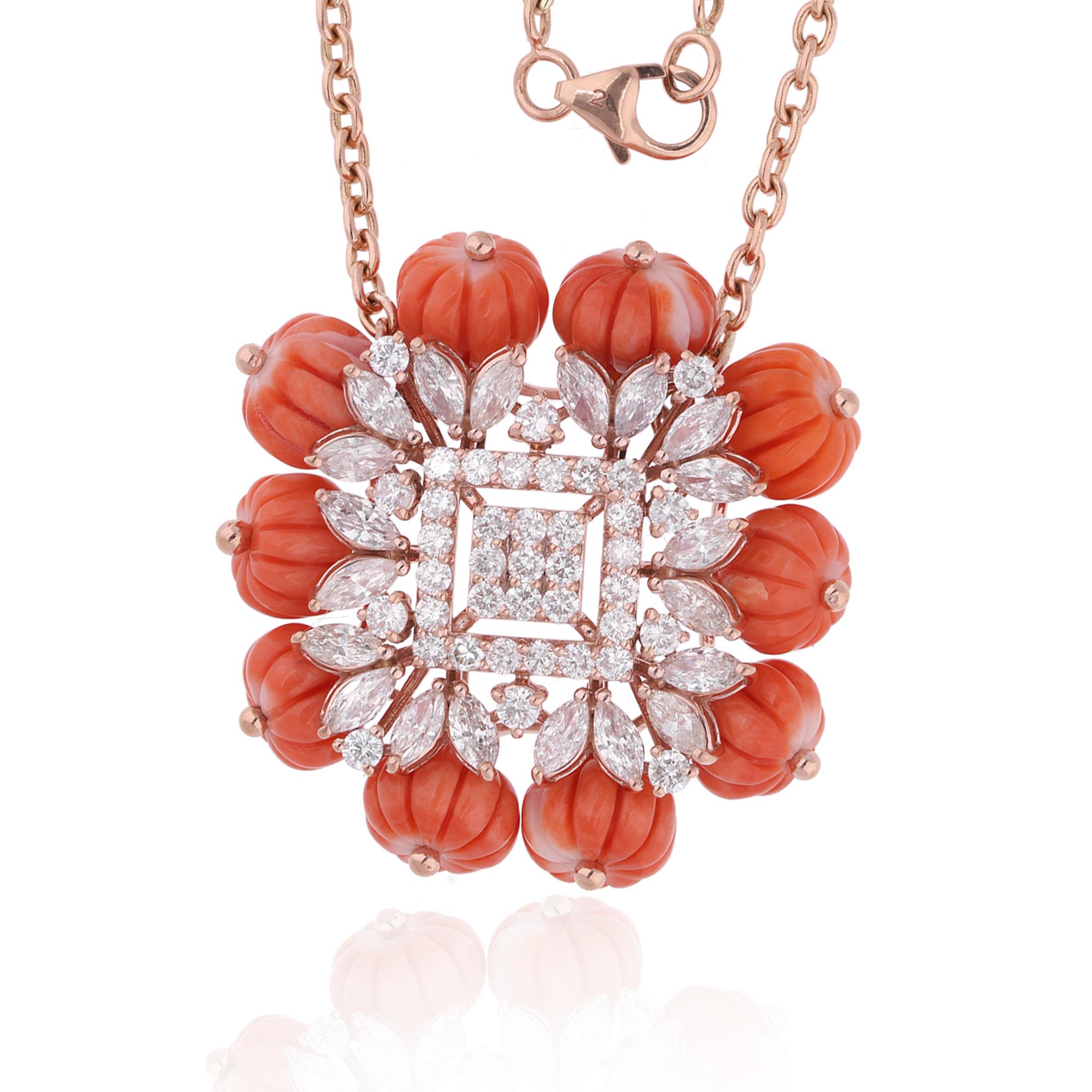 Women's Coral Beads Gemstone Charm Pendant Necklace Diamond 18 Karat Rose Gold Jewelry For Sale