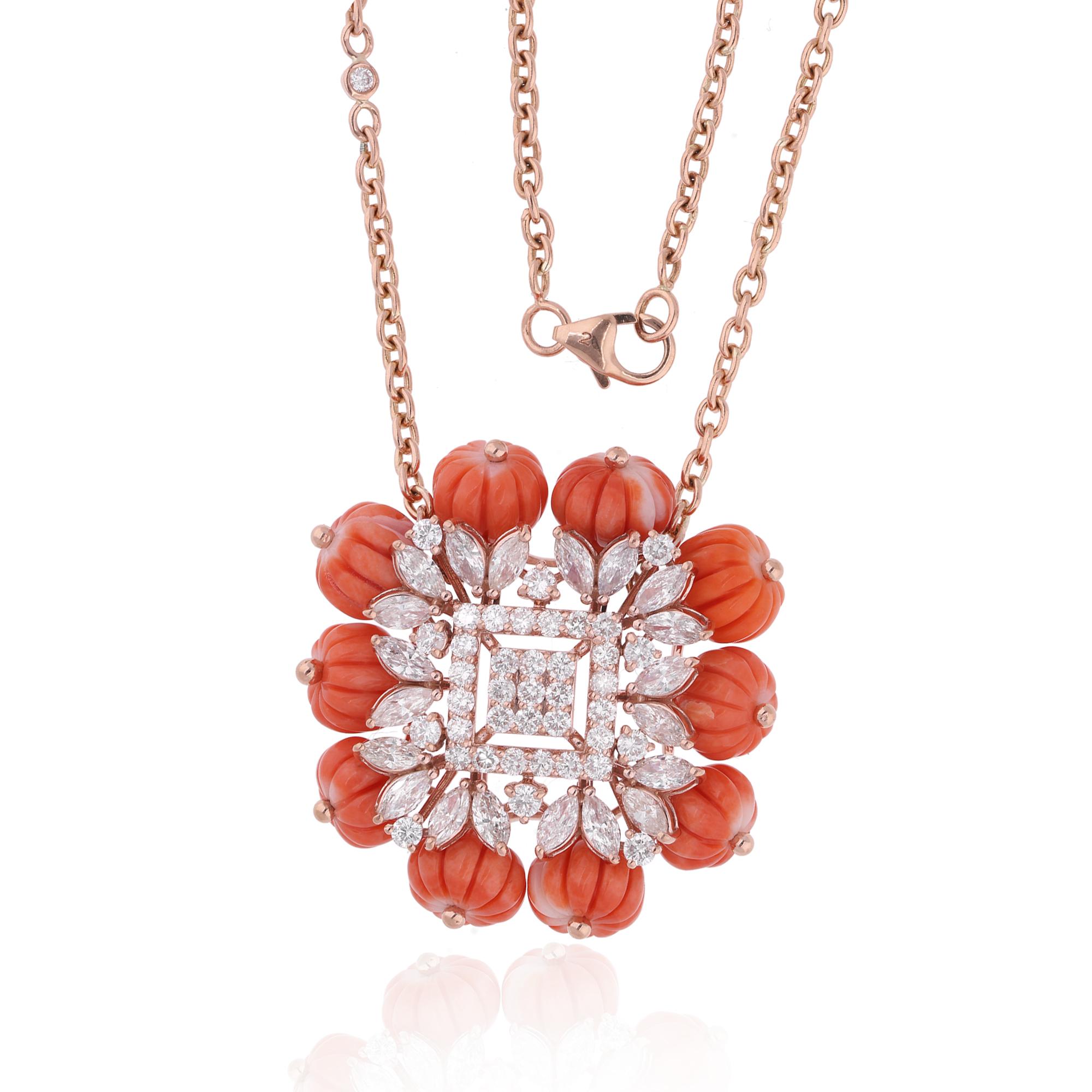 Coral Beads Gemstone Charm Pendant Necklace Diamond 18 Karat Rose Gold Jewelry For Sale 1