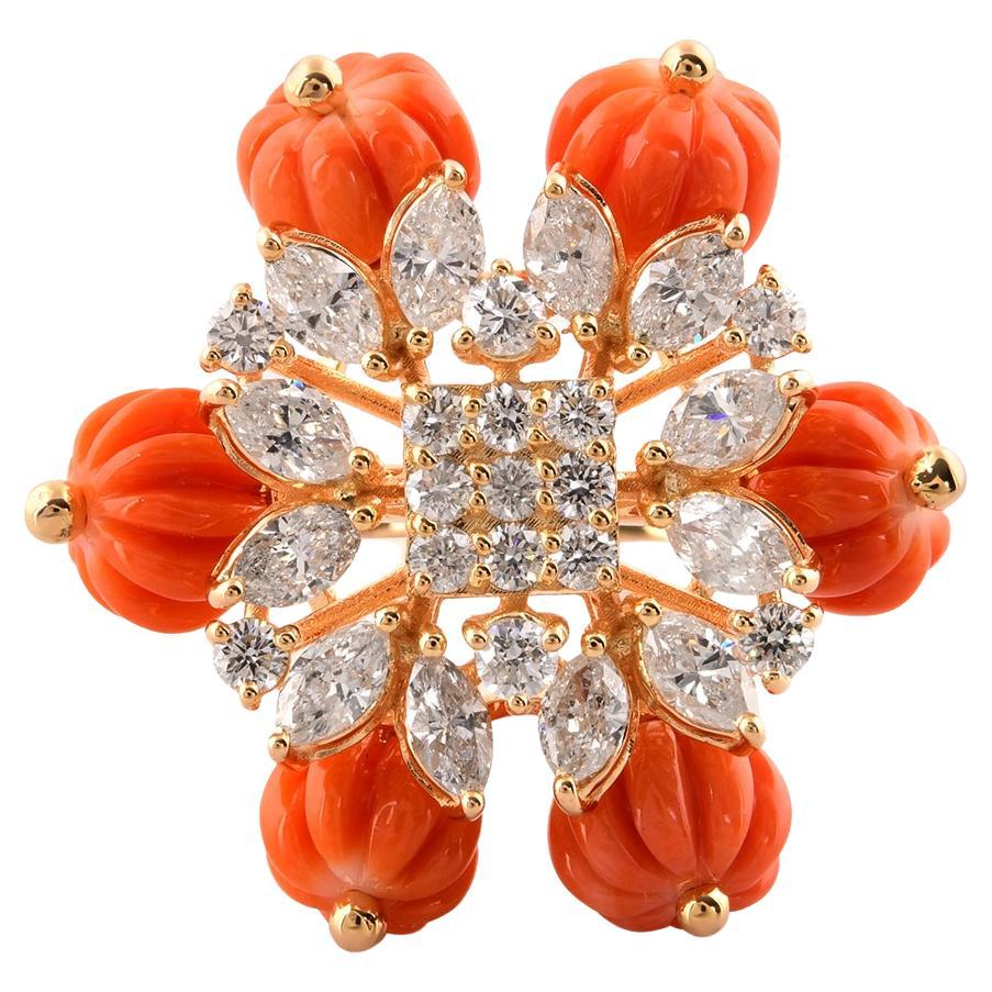 Coral Beads H Color SI Clarity Diamond Ring 14 Karat Yellow Gold Jewelry