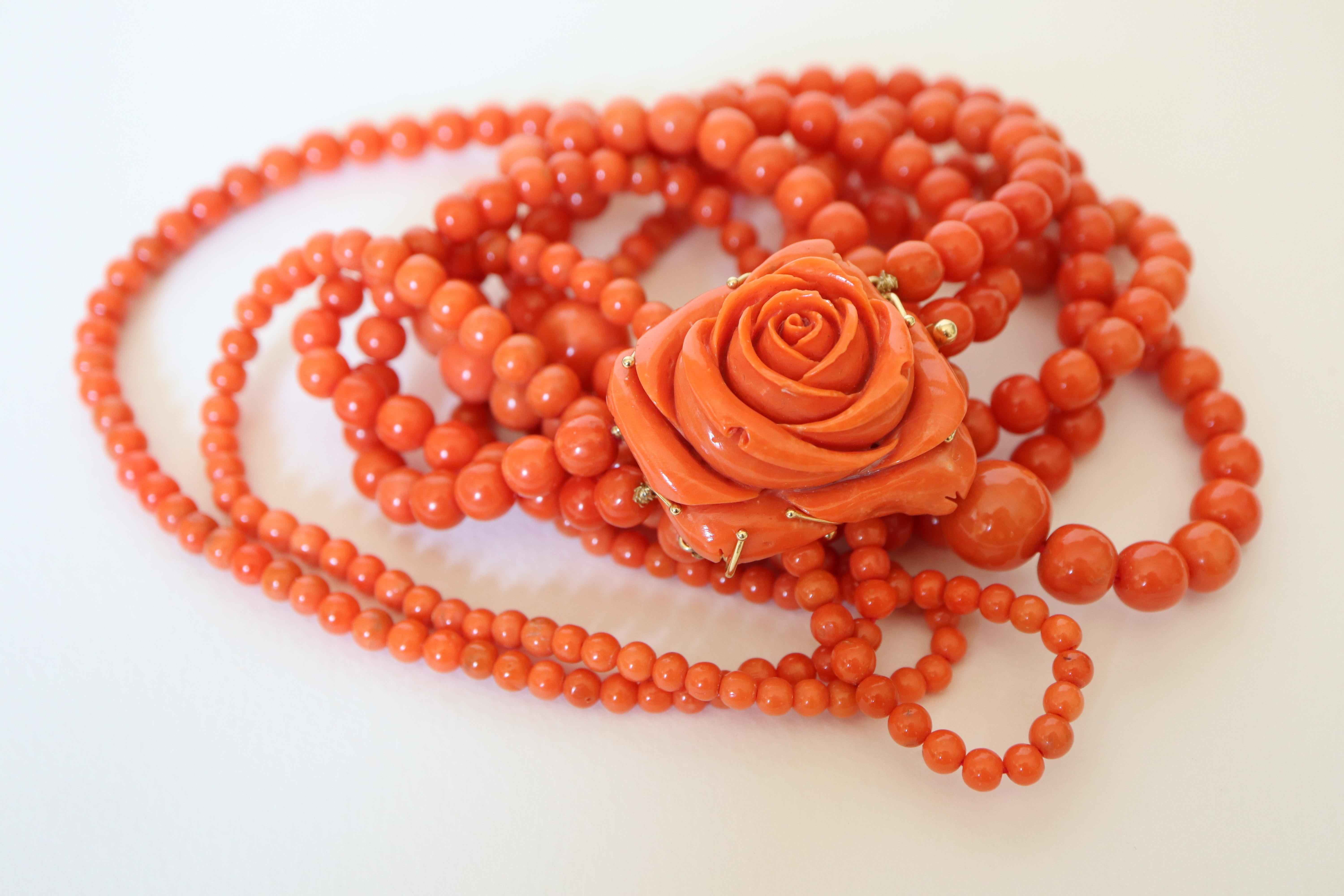 Coral Beads Long Necklace 3 Rows and Rose Coral Clasp and 18 Carat Gold 5