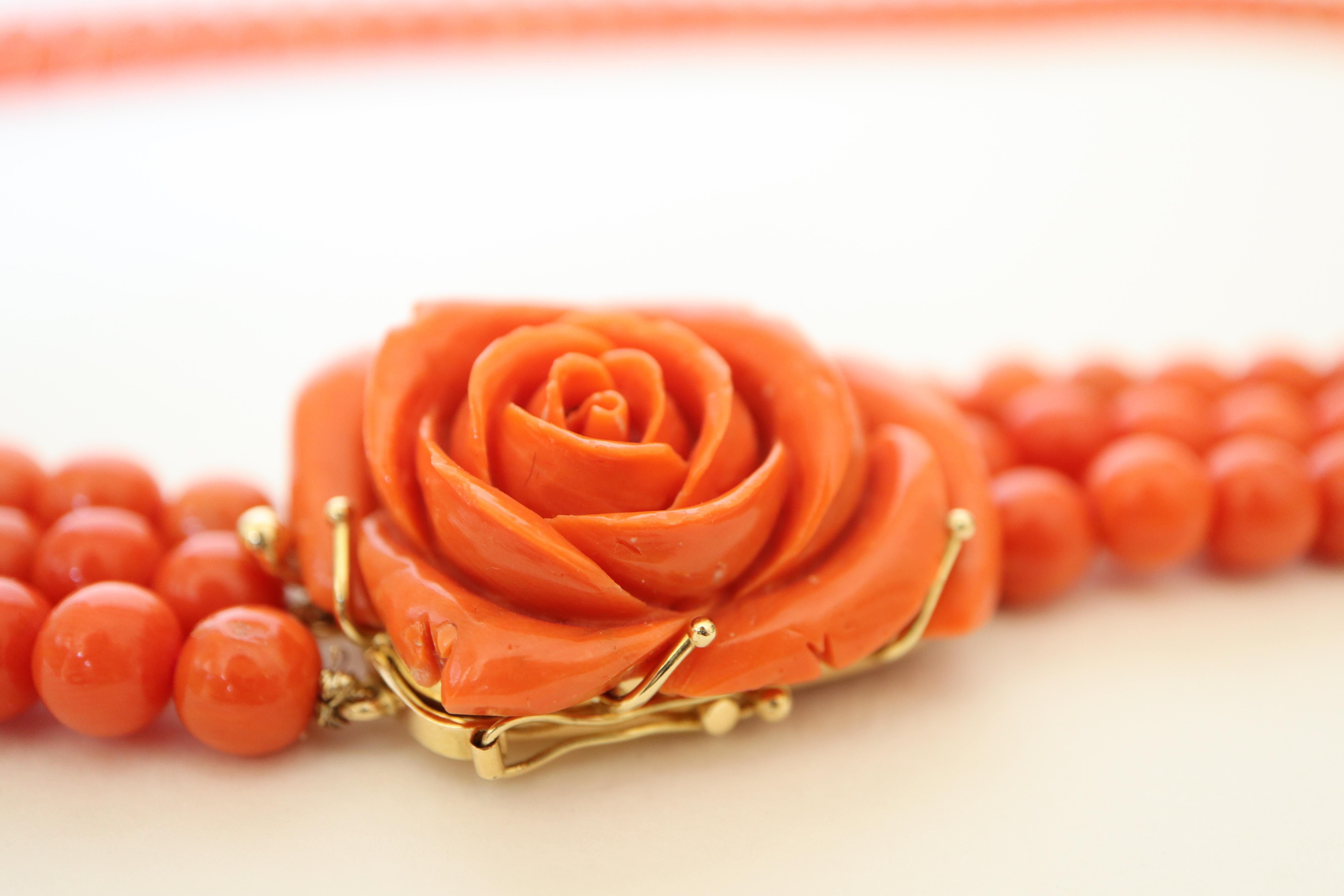 Women's Coral Beads Long Necklace 3 Rows and Rose Coral Clasp and 18 Carat Gold