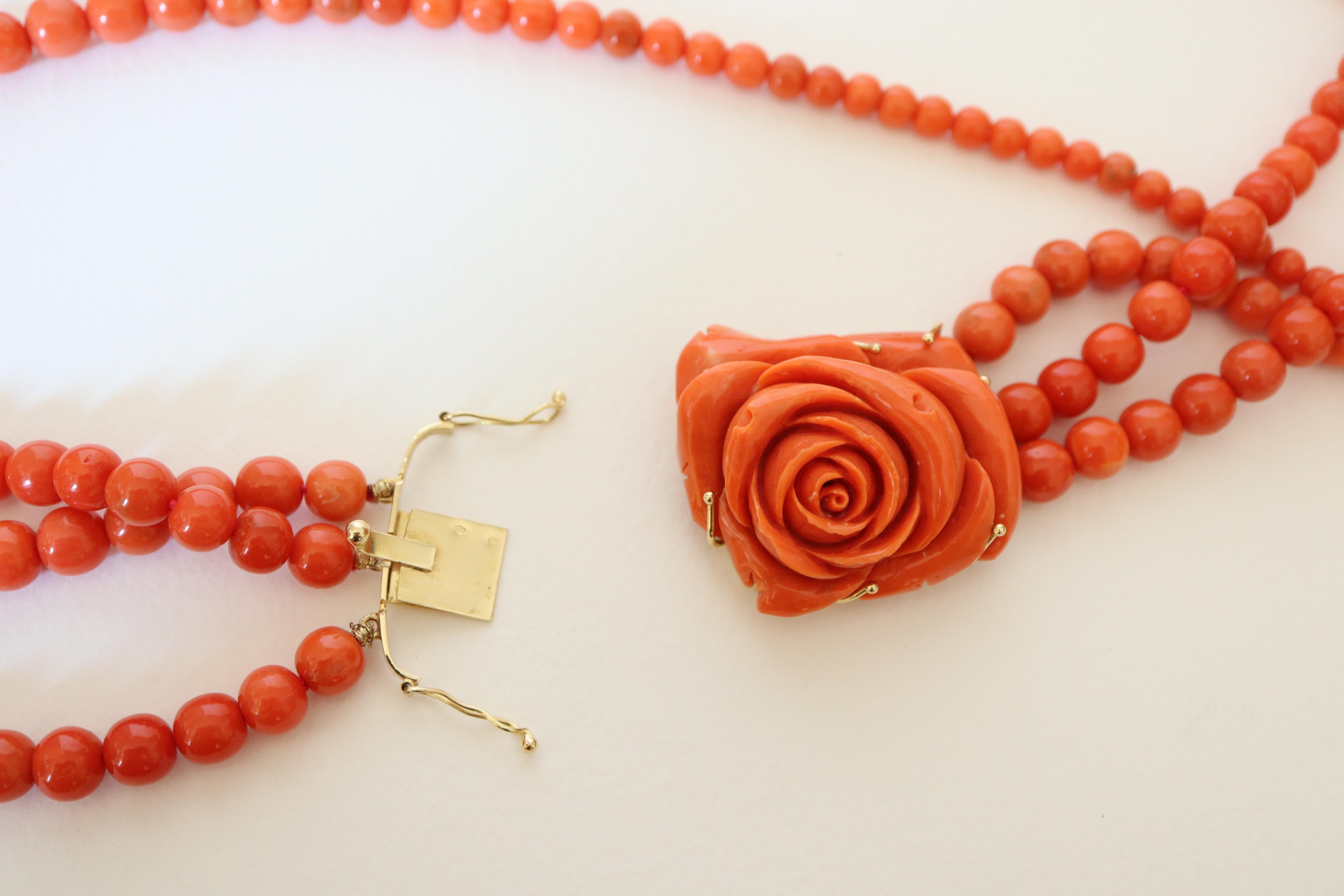 Coral Beads Long Necklace 3 Rows and Rose Coral Clasp and 18 Carat Gold 2