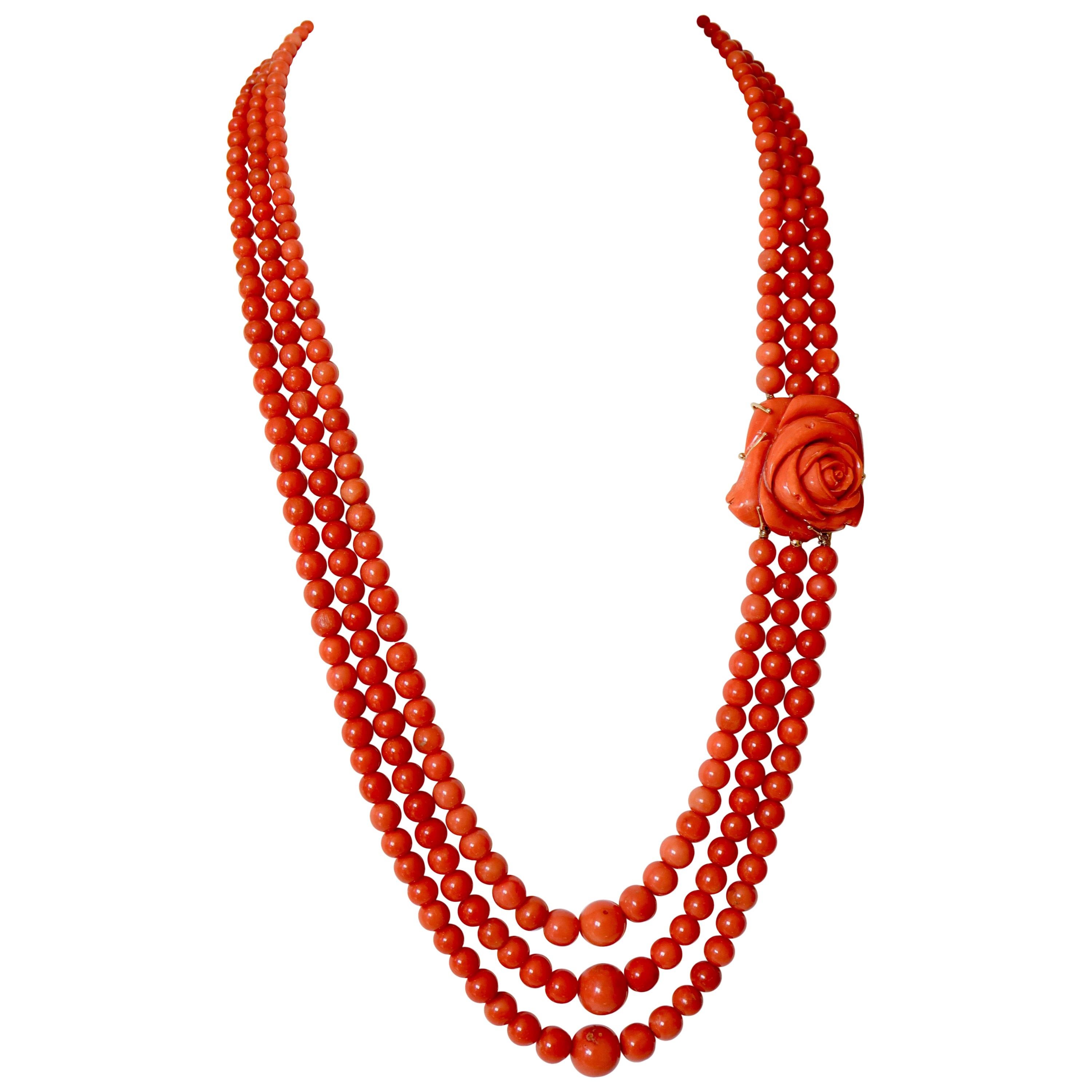 Coral Beads Long Necklace 3 Rows and Rose Coral Clasp and 18 Carat Gold