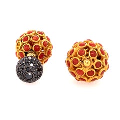 Coral Beads & Pave Black Diamond Beads Earrings Made In 14k Gold & Silver