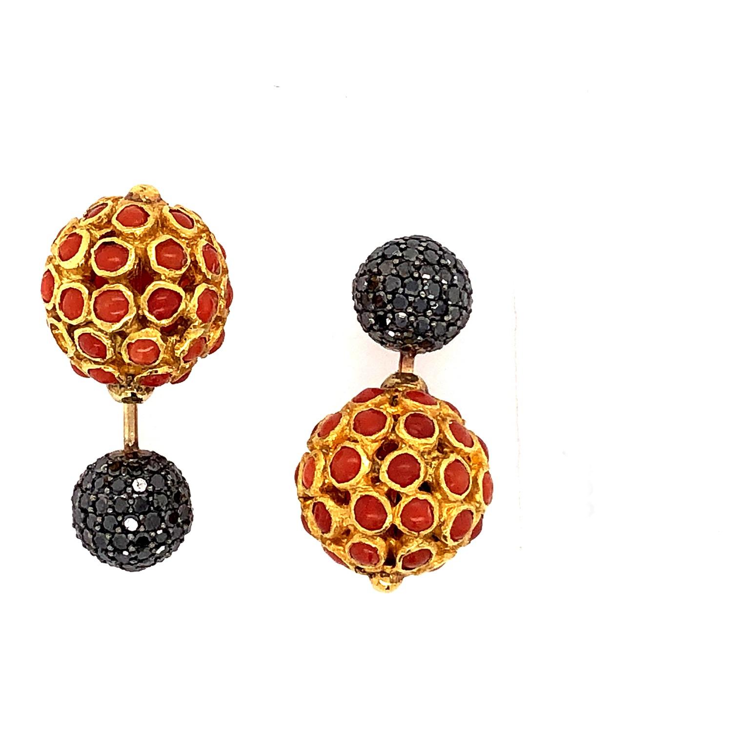 Art Nouveau Coral Beads & Pave Black Diamond Beads Earrings Made In 14k Gold & Silver For Sale