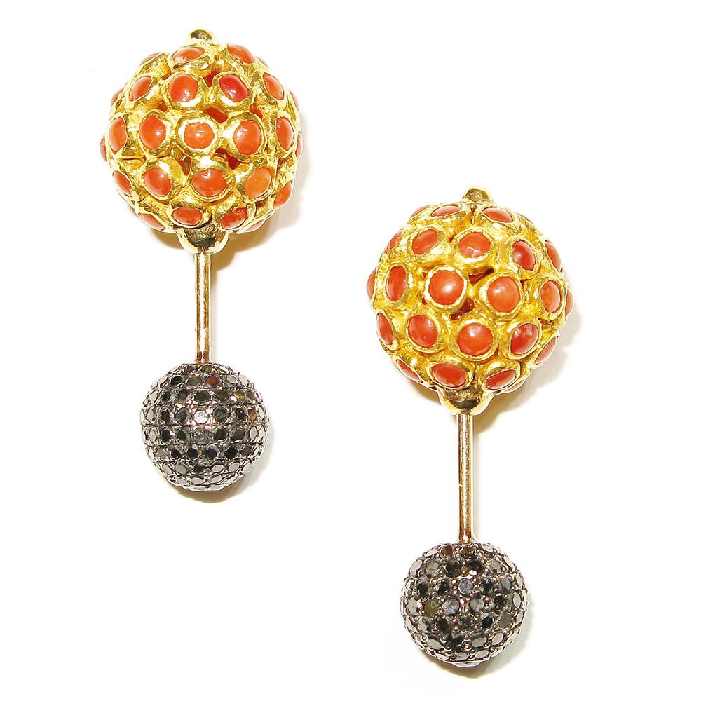 Mixed Cut Coral Beads & Pave Black Diamond Beads Earrings Made In 14k Gold & Silver For Sale