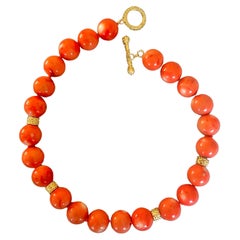 Coral beads with 14kt. gold granulated textured clasp w/ large rondelles