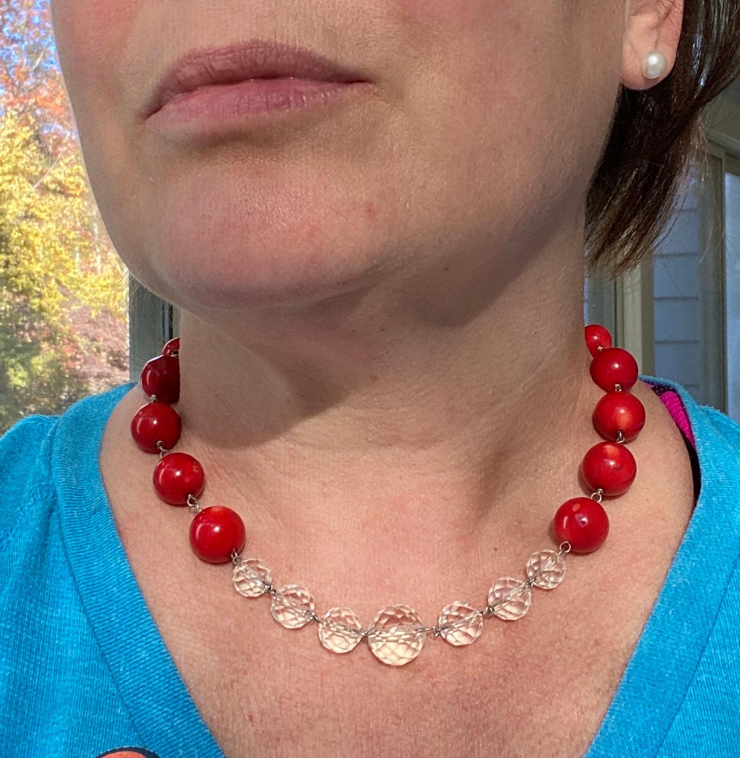 Contemporary Coral Beads with Vintage Chandelier Crystals in a Sterling Silver Necklace For Sale
