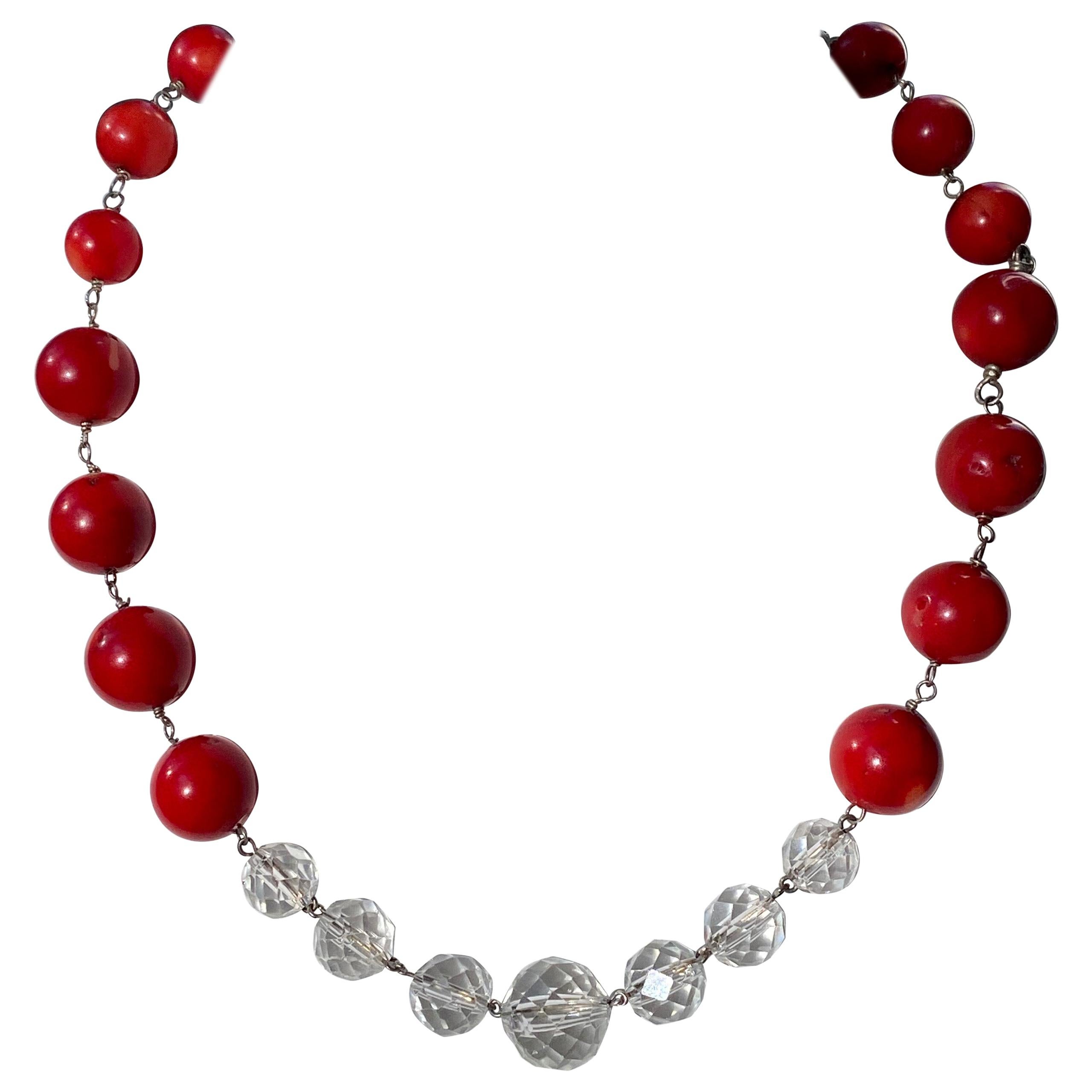 Coral Beads with Vintage Chandelier Crystals in a Sterling Silver Necklace For Sale