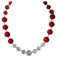 Coral Beads with Vintage Chandelier Crystals in a Sterling Silver Necklace