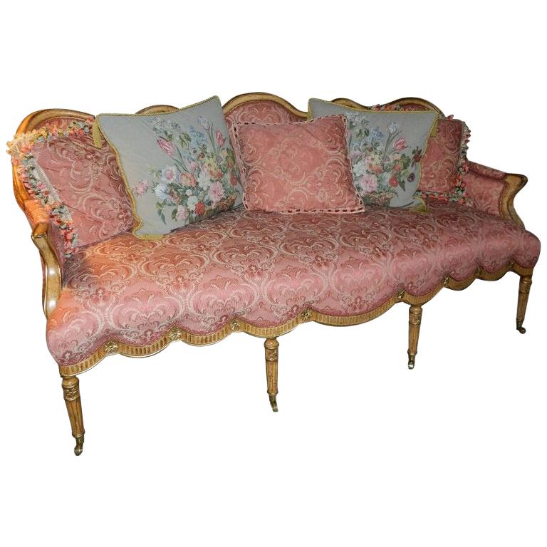 Coral/Beige Silk Damask Eight Reeded Leg Sofa, 20th Century