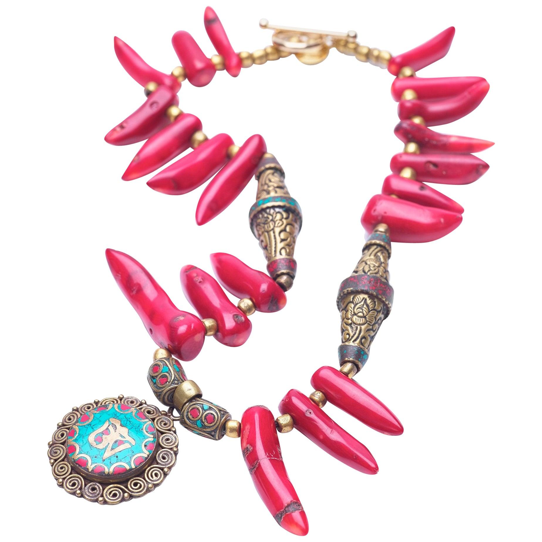 Coral Bhutanese Tigers Nest Necklace For Sale