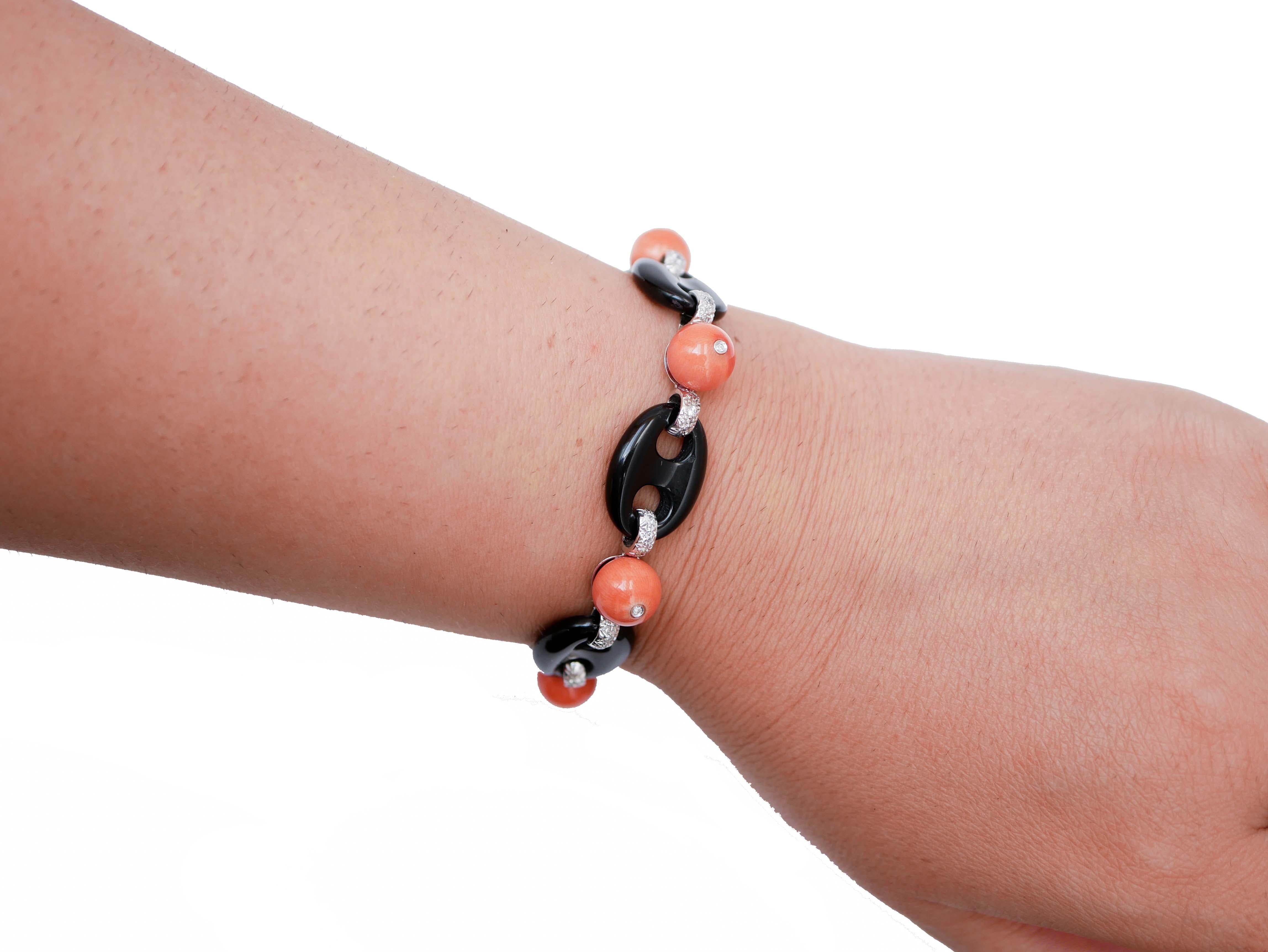 Mixed Cut Coral, Black Agate, Diamonds, 14 Karat White Gold Bracelet. For Sale