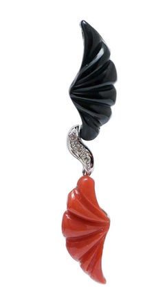 Coral, Black Agate, Diamonds, Platinum Earrings.