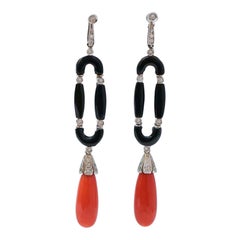 Coral, Black Agate, Diamonds, Platinum Earrings.