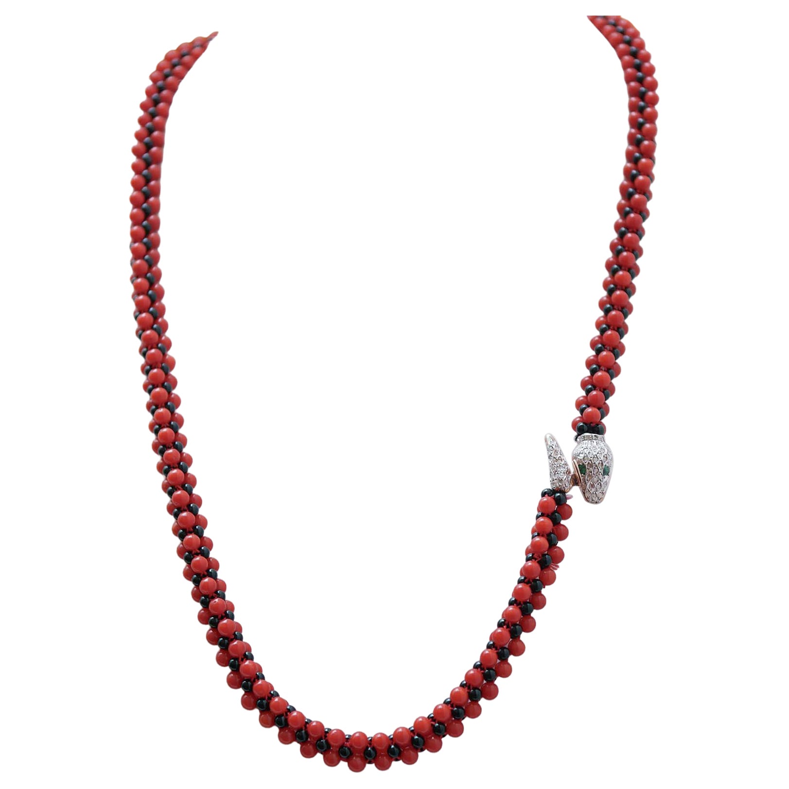 Coral, Black Agate, Emeralds, Diamonds, Rose Gold and Silver Necklace. For Sale